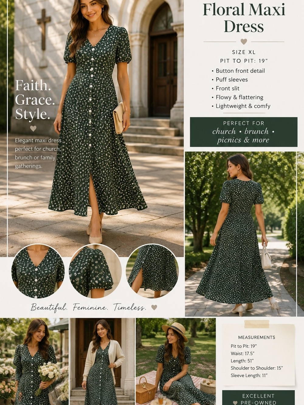 SHEIN Dark Green Floral Button-Front Maxi Dress